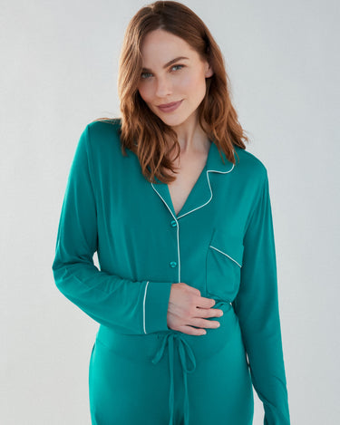 Maternity Teal Modal Button Up Long Pyjama Set